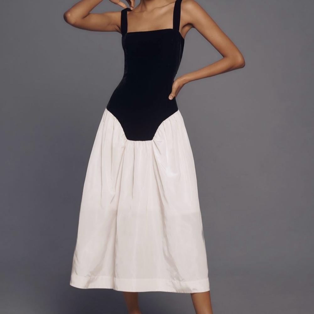 RHODE Georgina Sleeveless Square-Neck Black and White Colorblock Midi Dress